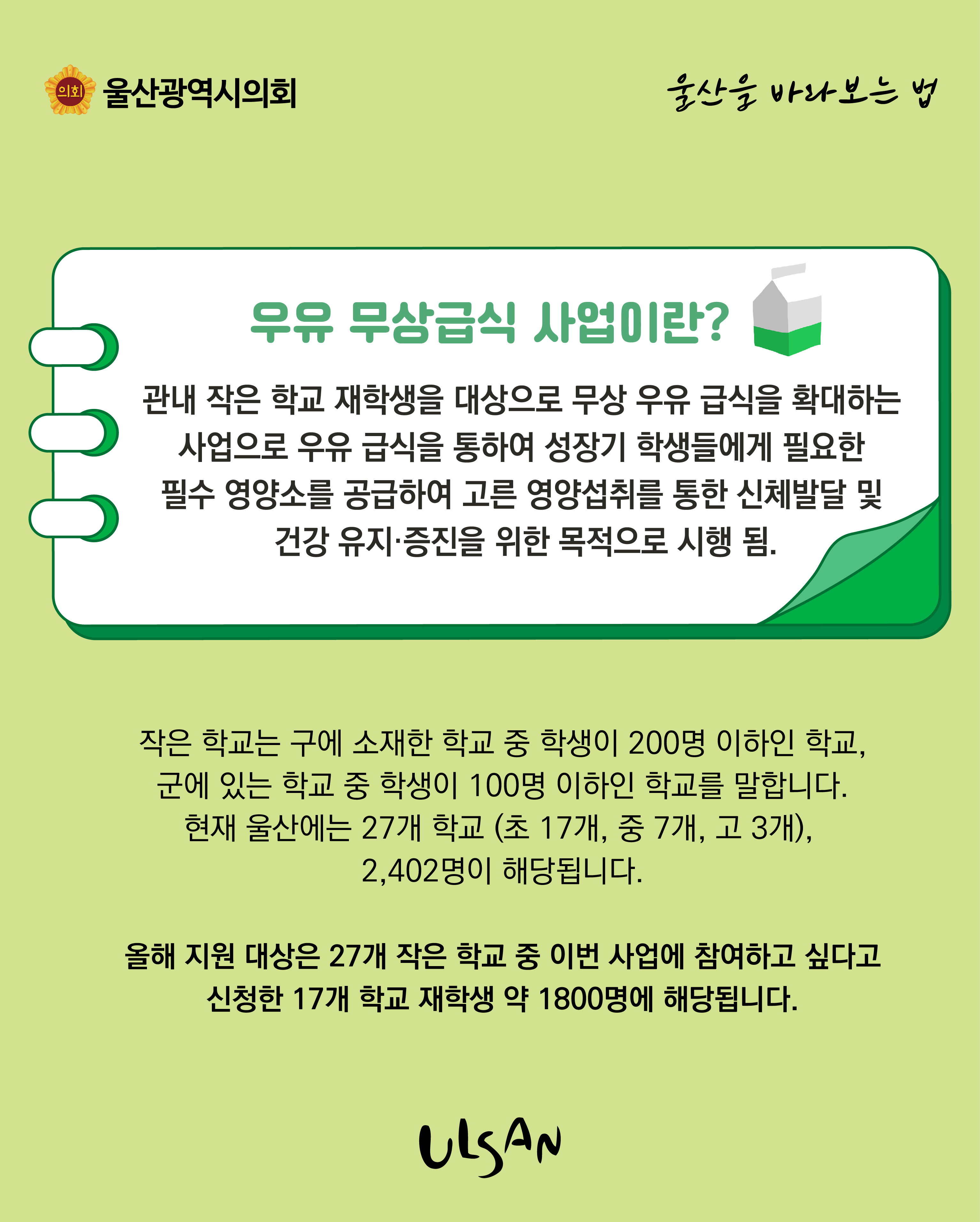 우유 무상급식 사업이란?
관내 작은 학교 재학생을 대상으로 무상 우유 급식을 확대하는 사업으로 우유 급식을 통하여 성장기 학생들에게 필요한 필수 영양소를 공급하여 고른 영양섭취를 통한 신체발달 및 건강 유지,증진을 위한 목적으로 시행됨

작은 학교는 구에 소재한 학교 중 학생이 200명 이하인 학교, 군에 있는 학교 중 학생이100명 이하인 학교를 말합니다. 현재 울산에는 27개 학교(초17개,중7개,고3개),2,402명이 해당됩니다.

올해 지원 대상은 27개 작은 학교 중 이번사업에 참여하고 싶다고 신청한 17개 학교 재학생 약 1,800명에 해당됩니다.