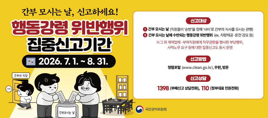 간부 모시는 날, 신고하세요!
행동강령 위반행위 집중신고기간
2026. 7. 1. ~ 8. 31.
ㆍ신고대상
① 간부 모시는 날(직원들이 & #39;순번& #39;을 정해 & #39;사비& #39;로 간부의 식사를 모시는 관행)
② 간부 모시는 날에 수반되는 행동강령 위반행위(ex. 차량제공·운전 강요 등)
※ 그 외 계약업체·부하직원에게 직무권한을 행사한 부당행위, 사적노무 요구 등에 대한 집중신고도 동시 운영
ㆍ신고방법
청렴포털(www.clean.go.kr), 우편, 방문
ㆍ신고상담
1398(부패신고 상담전화), 110(정부대표 민원전화)
국민권익위원회